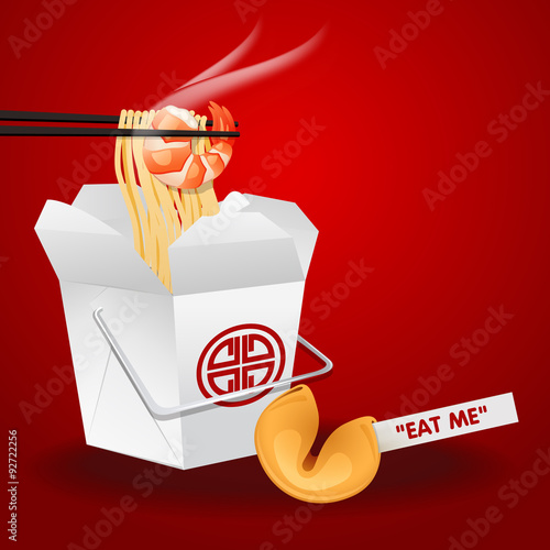 chinese noodles box with chopsticks and fortune cookie