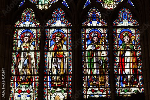 Stained glass windows inside the treasury of  Notre Dame Cathedral, UNESCO World Heritage Site. Paris, France © wjarek