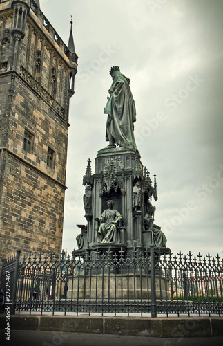 King Charles IV monument and tower in Prague old town