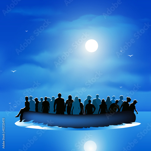 Refugees on pontoon boat