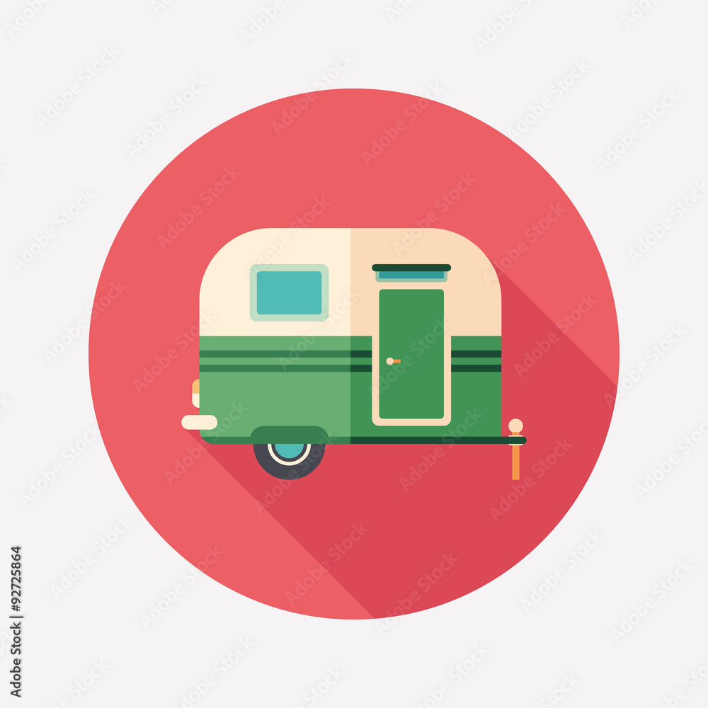 Travel trailer flat round icon with long shadows. Travel trailer flat round icon with long shadows.