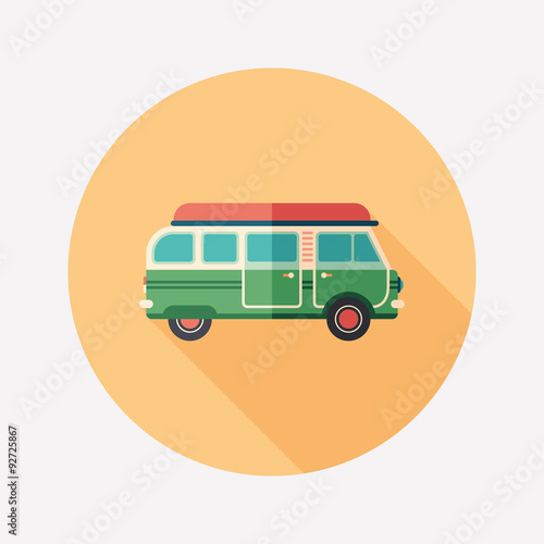 Travel van flat round icon with long shadows.