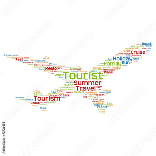Vector conceptual travel or tourism plane word cloud
