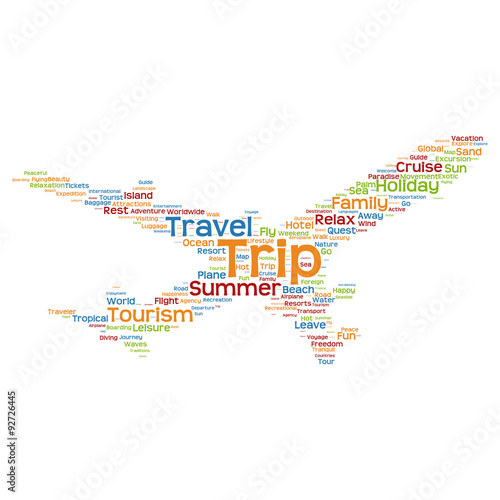 Vector conceptual travel or tourism plane word cloud