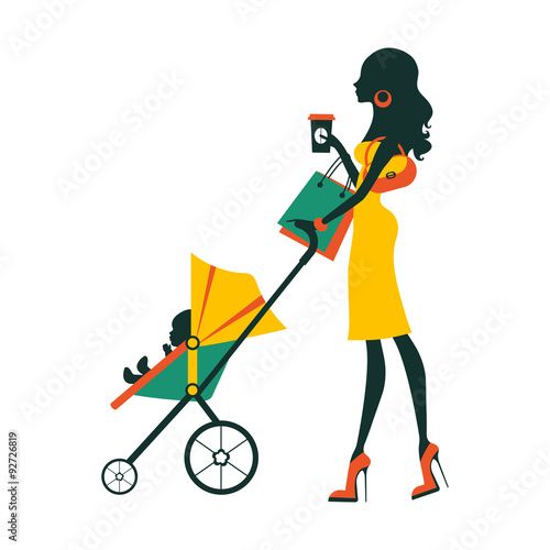 Fashion mom with baby in pram under umbrella