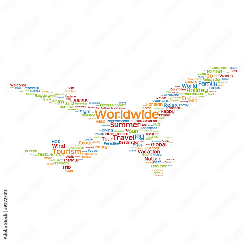 Obraz premium oncept or conceptual colorful plane silhouette travel tourism text word cloud