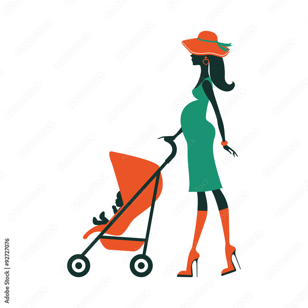 Fashion mom with baby in pram under umbrella Fashion mom with baby in pram under umbrella