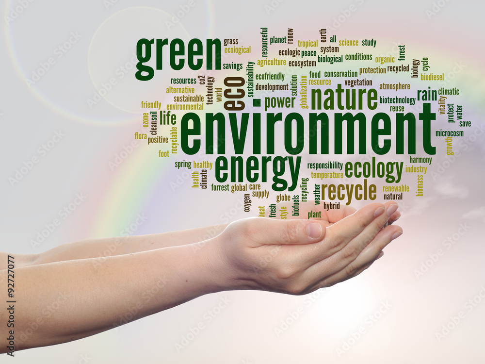 Conceptual ecology word cloud over rainbow