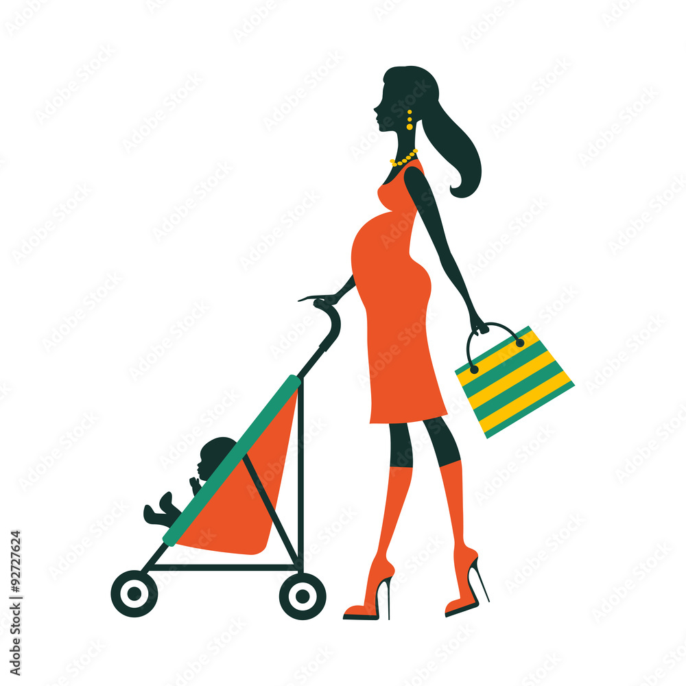 Chick fashion mom shopping with her baby in a stroller