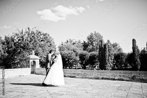 Tender wedding couple background old architecture of castle