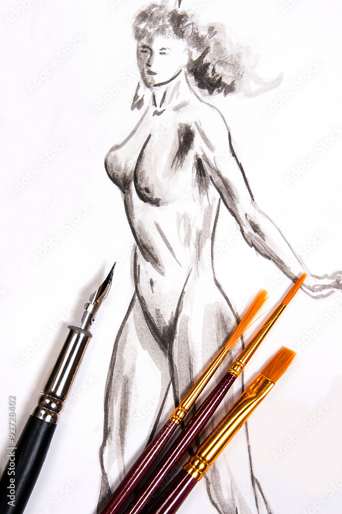 Naklejka premium Ink pen and different kinds of brush with original drawing on ba