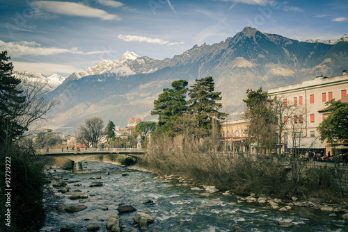 View of the city of Merano in vintage style. South Tyrol. Italy