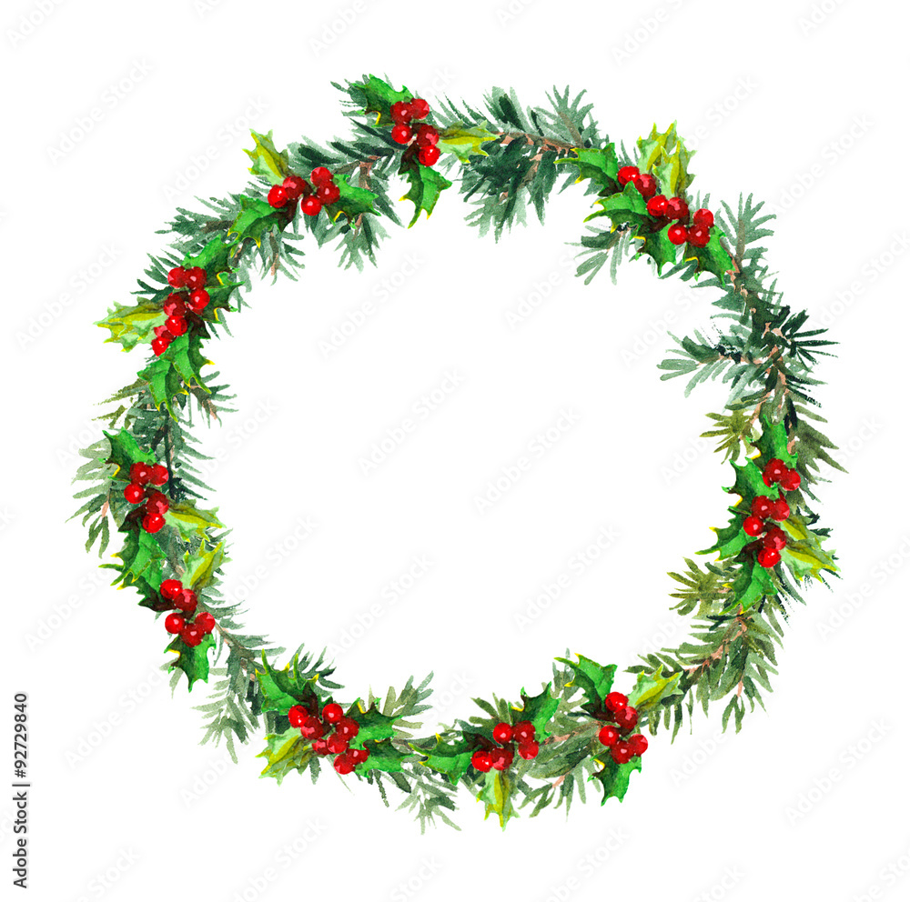 Obraz Christmas wreath - fir tree and mistletoe. Watercolor