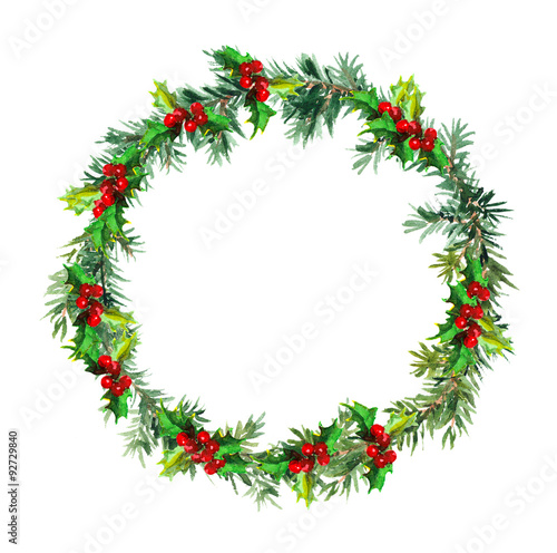 Christmas wreath - fir tree and mistletoe. Watercolor