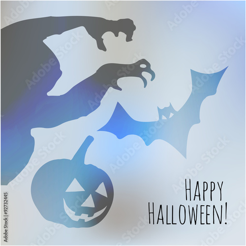 Happy Halloween postcard with monster pumpkin and bat shadows on a bright blue bokeh fog background.