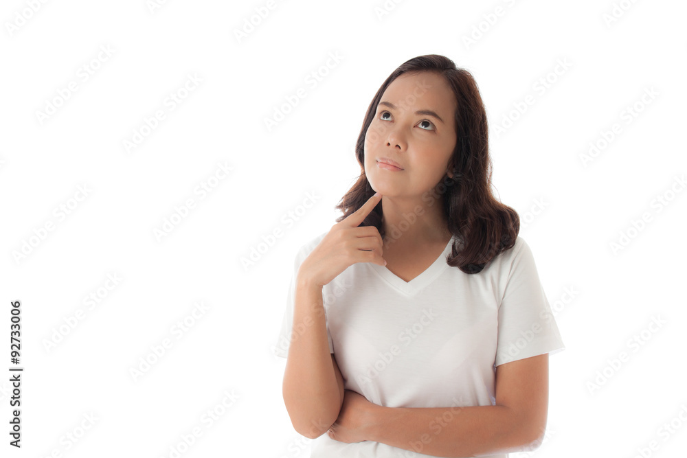 beautiful asian woman thinking isolated on white background beautiful asian woman thinking isolated on white background