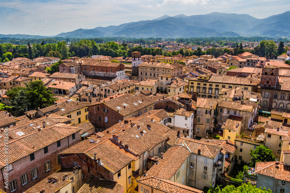 View over Italian town Lucca with typical terracotta roofs