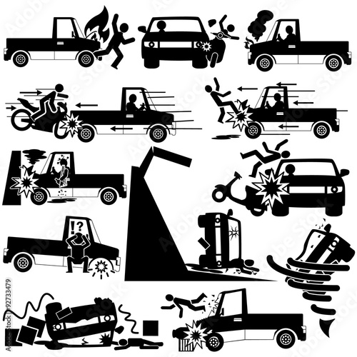 silhouette icons of pickup truck acciden