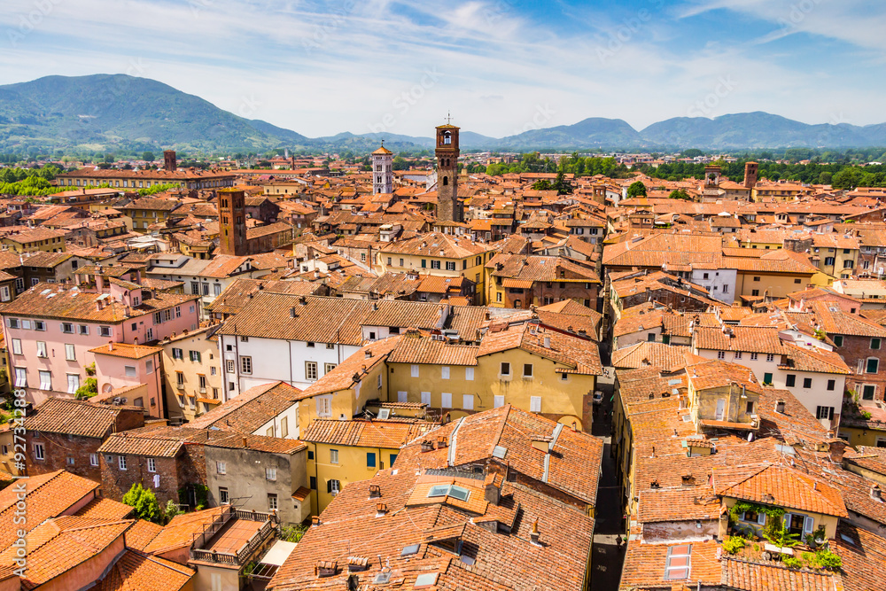 View over Italian town Lucca with typical terracotta roofs