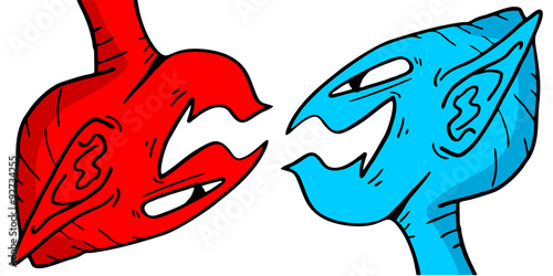 red and blue fantasy faces