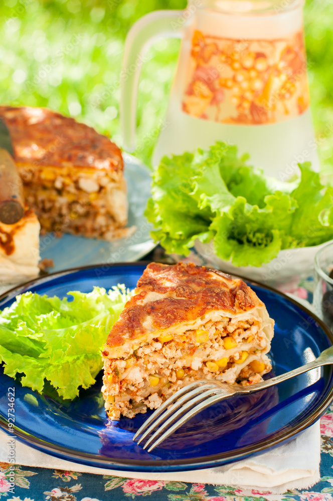 A Piece of Mexican Chicken and Corn Tortilla Pie A Piece of Mexican Chicken and Corn Tortilla Pie