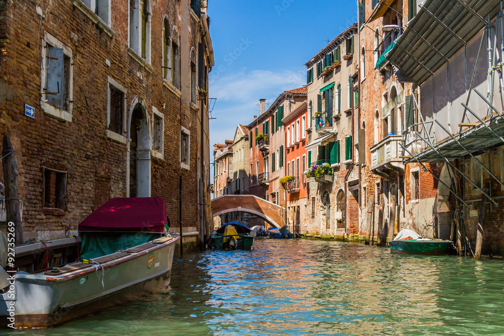 Venice cityscape, water canals and traditional buildings. Italy, Europe.