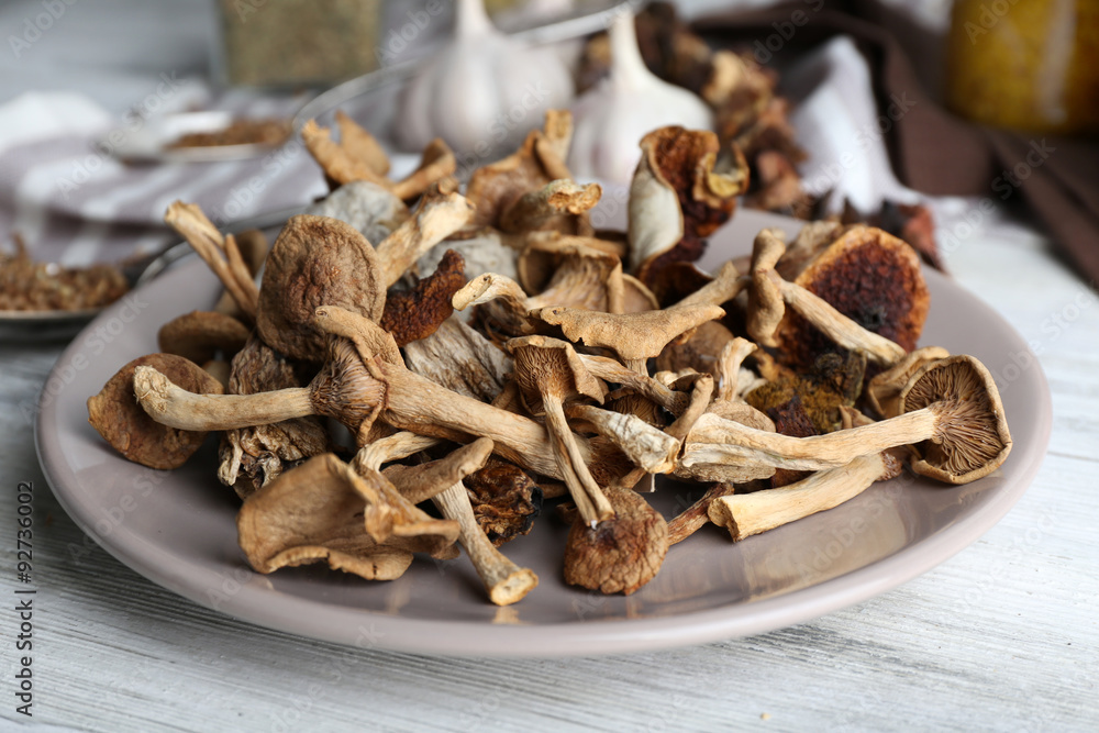 Dried mushrooms in plate Dried mushrooms in plate