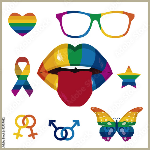 Vários símbolos do universo gay com destaque para uma boca com arco-íris