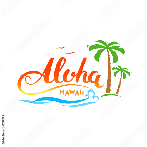Aloha Hawaii handmade tropical exotic t shirt graphics.  Aloha Hawaii  calligraphy words with palms  ocean and birds.  Summer apparel print design. Travel souvenir idea. Vector illustration.