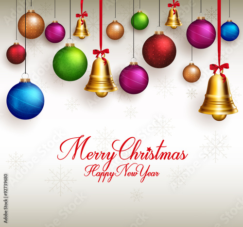 3D Realistic Merry Christmas Greetings with Hanging Colorful Bells and Balls in Snow Background. Vector Illustration
