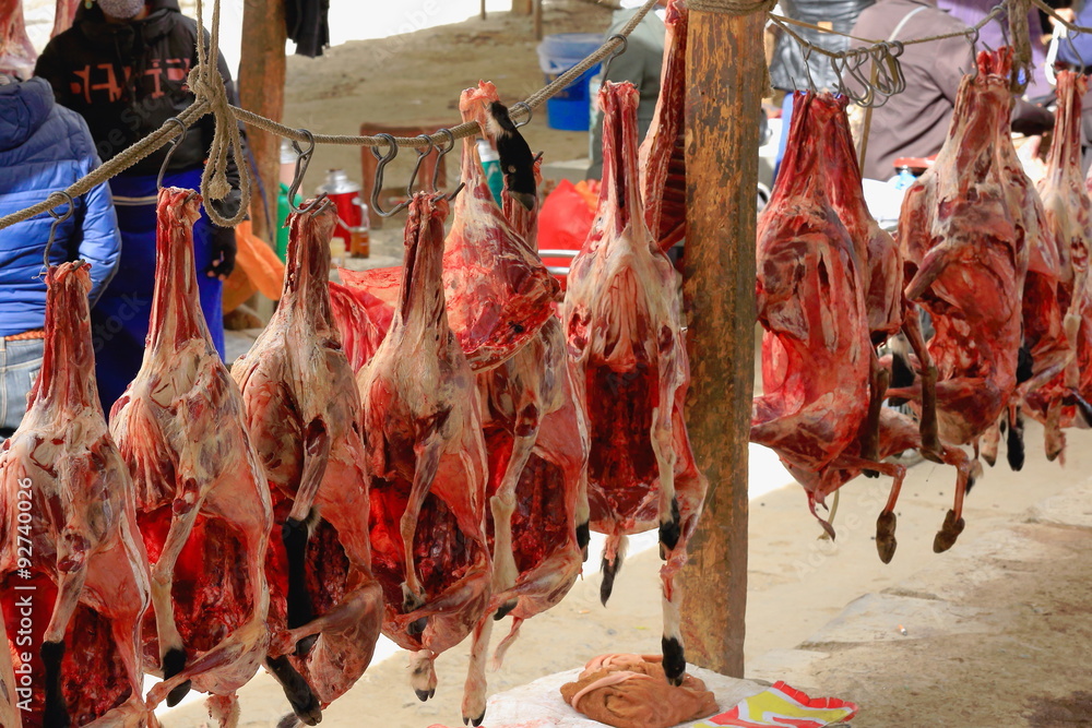 Lambs bodies for sale. Market in Shigatse-Tibet. 1777
