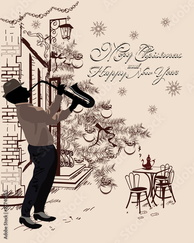 Christmas background with  street cafe, Christmas tree and a musician