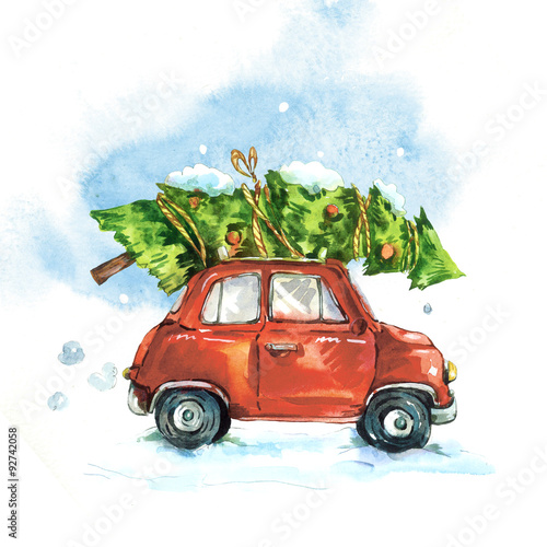 Watercolor greeting card with red retro car