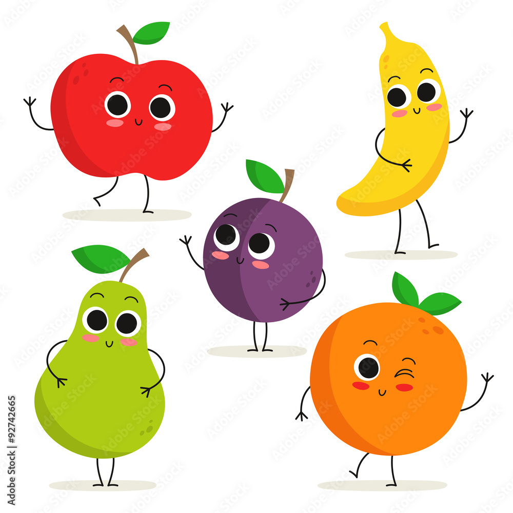 Set of 5 cute cartoon fruit characters isolated on white Stock