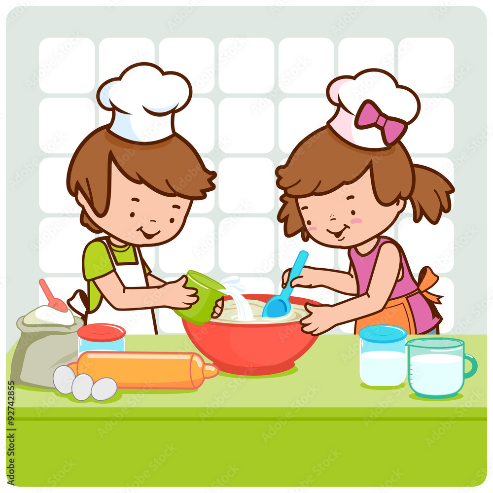 Children cooking in the kitchen. Vector illustration Children cooking in the kitchen. Vector illustration