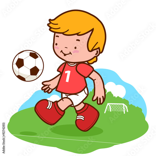 A happy child plays soccer. Vector illustration