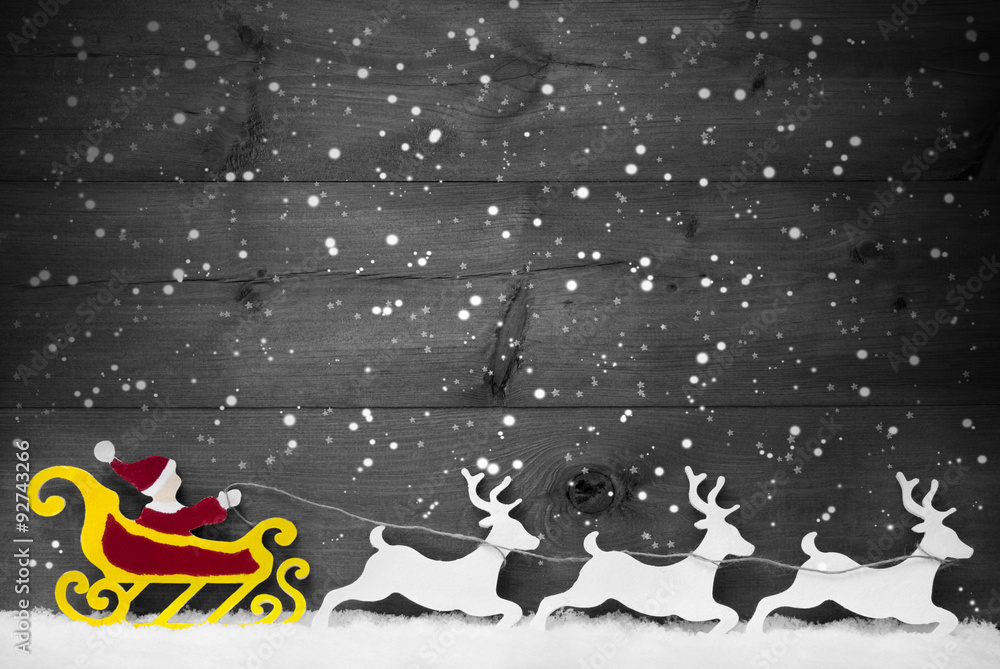 Fototapeta premium Gray Card With Santa Claus Sled, Reindeer, Snowflake, Copy Space
