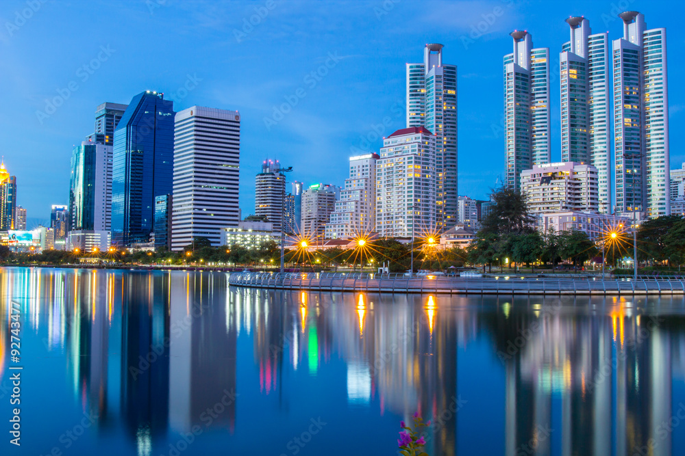 Cityscape shot of Benchakitti Park or Queen Sirikit National Convention Center.