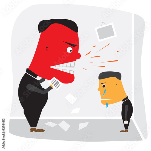 Angry boss with red face shouting at employee