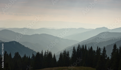 Layers of mountain and haze in the valleys.