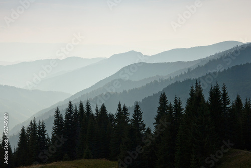 Layers of mountain and haze in the valleys.