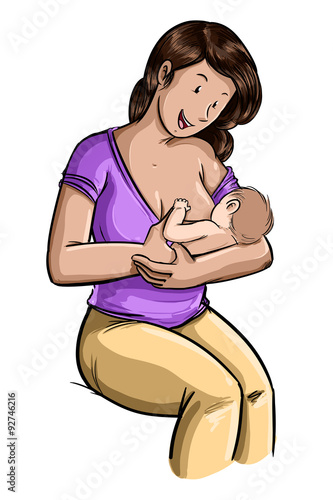 ilustración de mujer dando el pecho sentada a su bebe recién nacido sobre fondo blanco photo