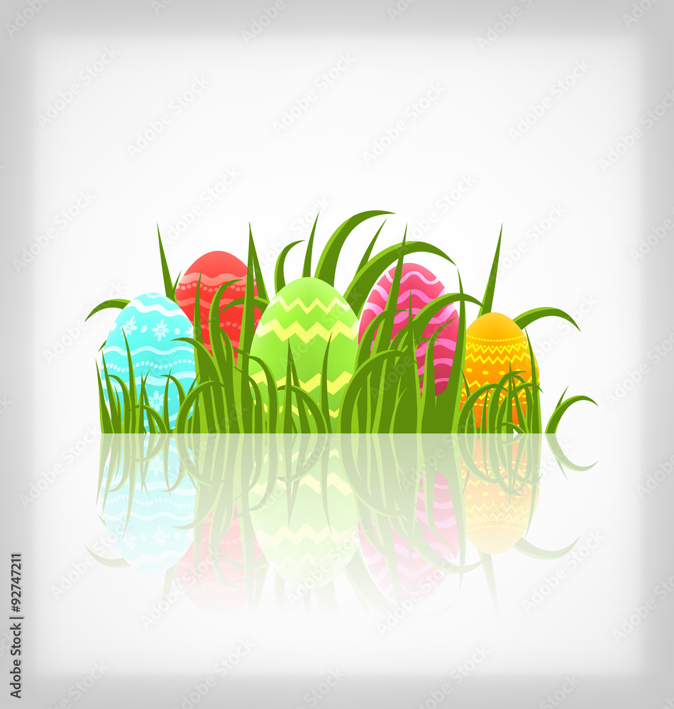 Easter natural background with traditional colorful eggs in gras