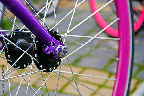 Detail of the front wheels to the bike. photo