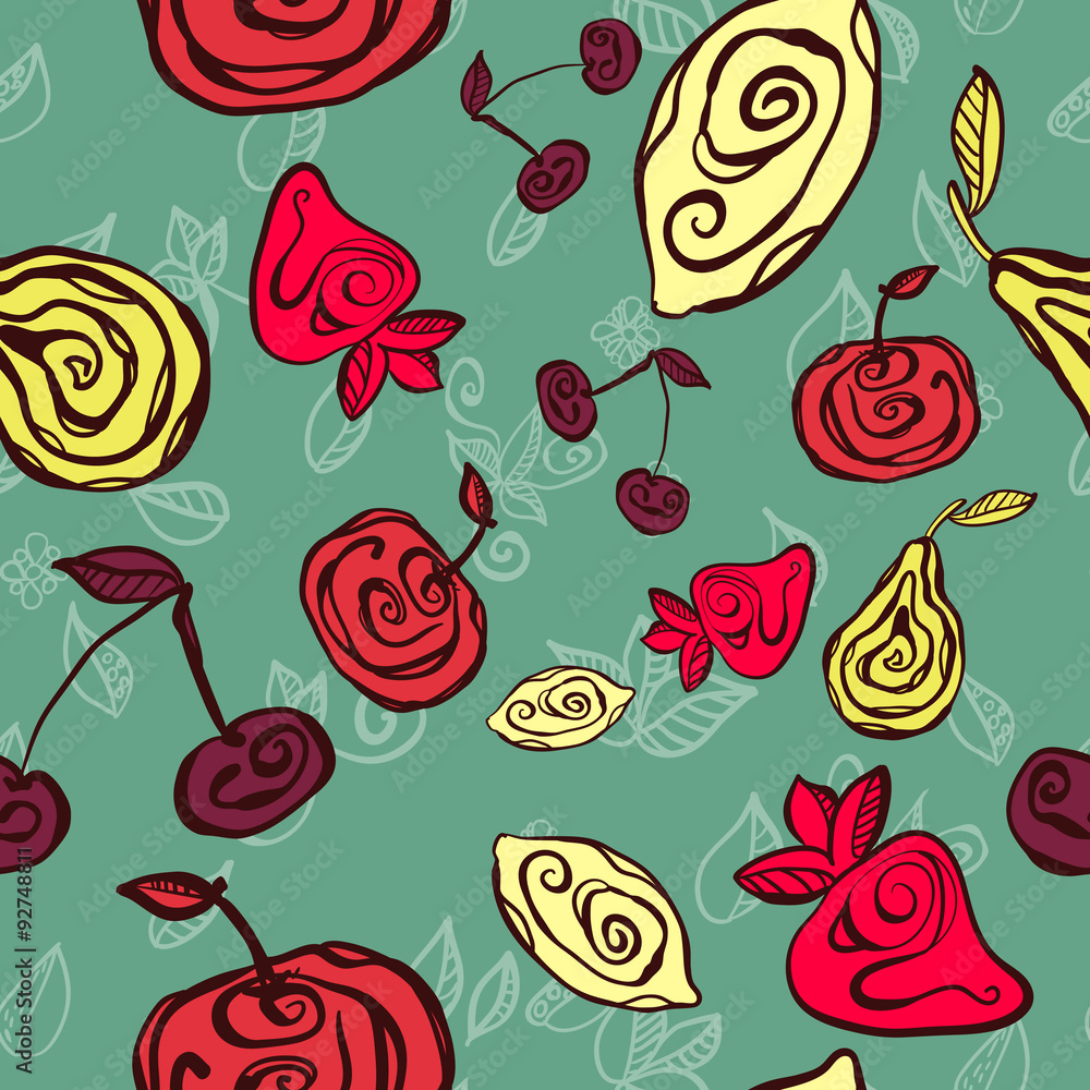 Stylized fruits on green background Stylized fruits on green background