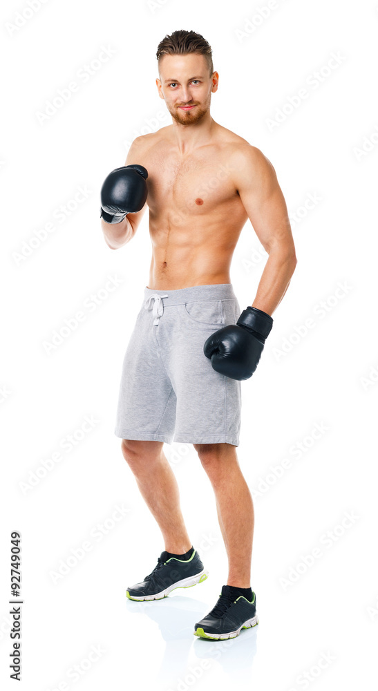 Sport attractive man wearing boxing gloves on the white