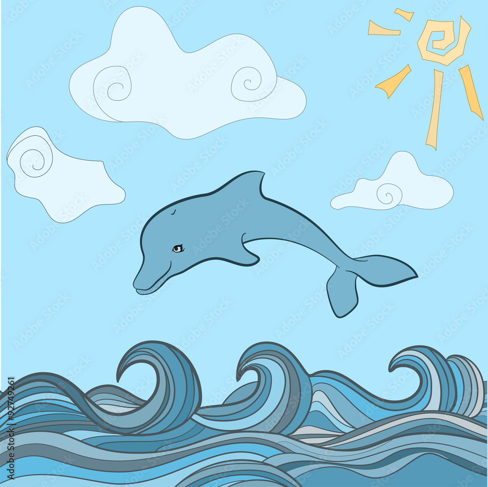Naklejka premium Dolphins in blue sea wave.