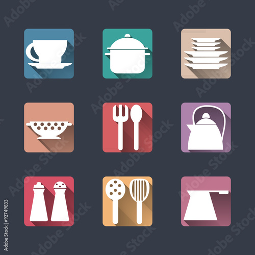 Kitchen icons. Flat set. long shadows