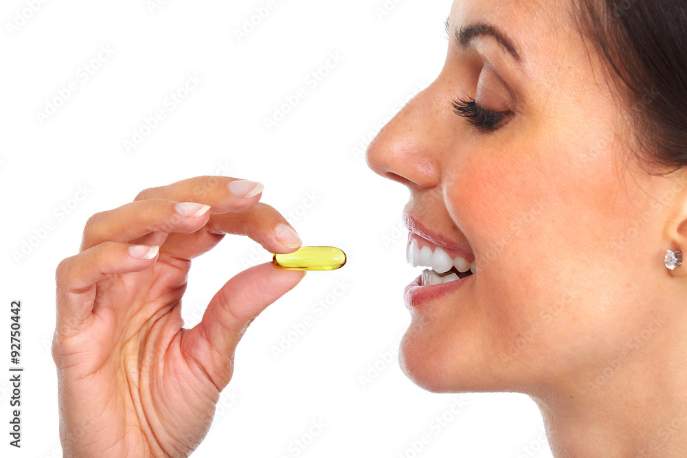 Woman with oral pill. Woman with oral pill.
