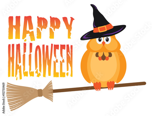 Halloween Owl on Broomstick Vector Illustration